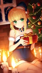 Rule 34 | 1girl, ahoge, artoria pendragon (all), artoria pendragon (fate), bare shoulders, bell, belt, blonde hair, blue bow, blue dress, blue hat, blush, bow, box, braid, candle, candy, candy cane, choker, christmas, christmas tree, closed mouth, commentary, craft essence (fate), dress, fate/grand order, fate (series), food, french braid, gift, gift box, green eyes, hair bun, hat, holding, holding gift, looking at viewer, official alternate costume, official art, present for my master, saber (fate), saber (present for my master) (fate), sakura yuki (clochette), santa costume, santa hat, short dress, short hair, single hair bun, sitting, smile, solo, thighhighs, wariza, white neckwear, white thighhighs, window, zettai ryouiki