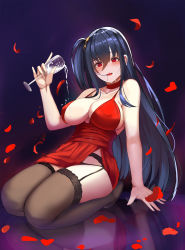 Rule 34 | 1girl, :q, azur lane, bad id, bad pixiv id, bare shoulders, black background, black hair, black thighhighs, blush, breasts, brown thighhighs, champagne flute, collarbone, cup, dress, drinking glass, garter belt, gongba laoge, highres, large breasts, long hair, looking at viewer, official alternate costume, petals, pouring, pouring onto self, red dress, red eyes, rose petals, side ponytail, solo, taihou (azur lane), taihou (forbidden feast) (azur lane), thighhighs, thighs, tongue, tongue out