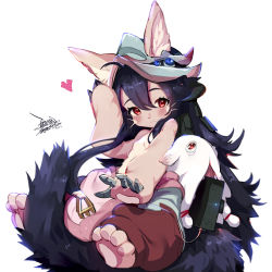 Rule 34 | 1girl, ahoge, animal ears, blush, breasts, commentary request, cosplay, dated, drawing tablet, ejami, ekko (ejami), fox tail, furry, furry female, hair between eyes, long hair, looking at viewer, made in abyss, mitty (made in abyss), nanachi (made in abyss), nanachi (made in abyss) (cosplay), original, signature, simple background, sitting, sitting on tail, small breasts, smile, solo, tagme, tail, topless, very long hair, white background