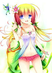 Rule 34 | 1girl, :d, bangle, bare shoulders, blonde hair, blue eyes, bracelet, breasts, bug, butterfly, duel monster, flower, frilled panties, frills, gluteal fold, gradient hair, green butterfly, hair flower, hair ornament, hand up, bug, jewelry, kouusagi, long hair, looking at viewer, low twintails, multicolored hair, navel, open mouth, panties, pink panties, simple background, small breasts, smile, solo, standing, traptrix nepenthes, twintails, underwear, white background, yu-gi-oh!