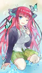 Rule 34 | 1girl, :d, black ribbon, blue eyes, blue nails, blunt bangs, blush, breasts, bug, butterfly, butterfly hair ornament, cardigan, go-toubun no hanayome, green skirt, hair ornament, highres, hime cut, insect, large breasts, long hair, looking at viewer, multicolored nails, nail polish, nakano nino, one eye closed, open cardigan, open clothes, open mouth, pink hair, pink nails, purple cardigan, ribbon, seiza, shirt, simple background, sitting, skirt, smile, thick thighs, thighhighs, thighs, twintails, v, water, white shirt, white thighhighs, yubacha, zettai ryouiki