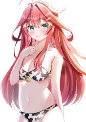 Rule 34 | 1girl, 3:, absurdres, animal print, aqua eyes, bad id, bad pixiv id, bare shoulders, bikini, blush, breasts, chinese zodiac, cleavage, closed mouth, collarbone, commentary request, cow print, cowboy shot, frown, go-toubun no hanayome, hand on own chest, highres, long hair, looking at viewer, medium breasts, nakano itsuki, navel, o-ring, o-ring bikini, print bikini, red hair, rei (ilust9999), sidelocks, simple background, skindentation, smile, solo, stomach, swimsuit, very long hair, white background, year of the ox