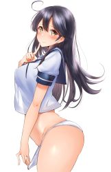 Rule 34 | 1girl, ahoge, arched back, ass, black hair, blush, breasts, crop top, from side, groin, hair between eyes, hechi (hechi322), highres, index finger raised, kantai collection, large breasts, long hair, looking at viewer, no pants, panties, panty tug, ribbon-trimmed panties, sailor collar, school uniform, see-through silhouette, serafuku, short sleeves, sidelocks, simple background, solo, thighs, underwear, ushio (kancolle), white background, white panties