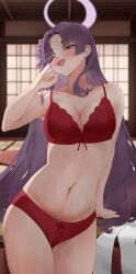 Rule 34 | 1girl, blue archive, blush, bra, breasts, cleavage, cowboy shot, fang, flower, fte (fifteen 199), hair flower, hair ornament, halo, highres, indoors, large breasts, long hair, one eye closed, open mouth, panties, pink flower, purple eyes, purple hair, purple halo, red bra, red panties, skin fang, smile, solo, underwear, underwear only, yukari (blue archive)