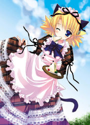 Rule 34 | 00s, 1girl, alternate costume, animal ears, apron, blonde hair, cake, cat ears, cat tail, chimaro, day, dress, eating, food, frills, one eye closed, outdoors, sandwich, sasamori karin, solo, tail, to heart (series), to heart 2, twintails, wink