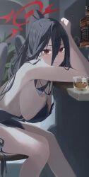 Rule 34 | 1girl, :3, absurdres, alternate costume, backless dress, backless outfit, black dress, black hair, black wings, blue archive, blurry, blurry background, blush, breasts, commentary, cup, dress, drink, edible sus, feathered wings, feet out of frame, from side, hair between eyes, halo, hanging breasts, hasumi (blue archive), highres, huge breasts, indoors, jack daniel&#039;s, lace, lace-trimmed dress, lace trim, large wings, leaning forward, leaning on table, long hair, looking at viewer, mole, mole under eye, no bra, ponytail, red eyes, revision, sideboob, sitting, smile, solo, spaghetti strap, wings