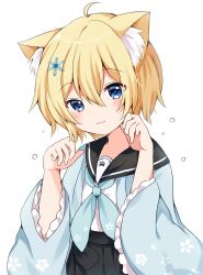 Rule 34 | 1girl, :3, animal ear fluff, animal ears, blonde hair, blue eyes, blush, cat ears, cat girl, commission, frilled skirt, frills, hair ornament, highres, japanese clothes, kimono, kokoshira 0510, long sleeves, looking at viewer, neckerchief, original, paw pose, paw print, pleated skirt, sailor collar, short hair, short kimono, skeb commission, skirt, smile, snowflake hair ornament, solo, wide sleeves