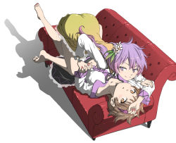 Rule 34 | 2girls, ass, bare shoulders, barefoot, blush, brown hair, closed mouth, couch, flower, girl on top, hair flower, hair ornament, highres, holding hands, incest, interlocked fingers, inuno rakugaki, legs, long hair, long sleeves, looking at viewer, looking to the side, lying, multiple girls, nail polish, navel, on back, on couch, purple hair, red nails, shadow, short hair, siblings, simple background, sisters, smile, touhou, tsukumo benben, tsukumo yatsuhashi, twintails, white background, yuri