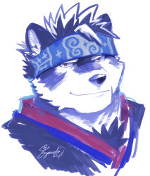 Rule 34 | 1boy, ainu clothes, animal ears, animal nose, chest hair, furry, furry male, fuyodo, headband, horkeu kamui, multicolored hair, portrait, short hair, signature, smirk, snout, solo, tokyo houkago summoners, twitter username, two-tone fur, two-tone hair, white background, white fur, wolf boy, wolf ears, yellow eyes