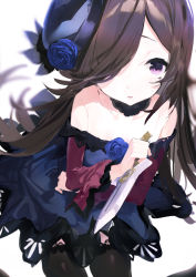 Rule 34 | 1girl, aida (chinhung0612), black thighhighs, breasts, brown hair, dress, flower, hair flower, hair ornament, hair over one eye, hat, highres, holding, holding knife, holding weapon, knife, long hair, looking at viewer, looking up, open mouth, purple eyes, rice shower (umamusume), solo, thighhighs, umamusume, weapon