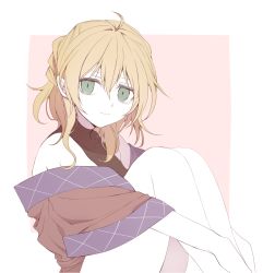 Rule 34 | 1girl, bad id, bad twitter id, bags under eyes, bare shoulders, black leotard, blonde hair, brown shirt, green eyes, hair between eyes, highres, jacket, knees to chest, leotard, light smile, mizuhashi parsee, moi2m3, pink background, pointy ears, shirt, shirt down, sitting, solo, thighs, touhou, two-tone background, white background