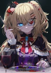 Rule 34 | 1girl, akai haato, akai haato (gothic lolita), black capelet, black jacket, blonde hair, blue eyes, bow, bowtie, brooch, capelet, censored, censored food, closed mouth, eyepatch, fork, frilled capelet, frills, green background, hair between eyes, hair bow, hair ornament, heart, heart hair ornament, heart print, highres, holding, holding fork, holding knife, hololive, jacket, jewelry, knife, long hair, long sleeves, looking at viewer, medical eyepatch, plate, red bow, red bowtie, roitz ( roitz ), smile, solo, two side up, upper body, very long hair, virtual youtuber, x hair ornament