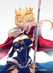 Rule 34 | 1girl, artoria pendragon (all), artoria pendragon (fate), artoria pendragon (lancer) (fate), blonde hair, blue eyes, braid, breasts, cape, cleavage cutout, clothing cutout, cowboy shot, fate/grand order, fate (series), fur-trimmed cape, fur trim, highres, lance, large breasts, long hair, polearm, ro96cu, saber (fate), smirk, solo, thighs, weapon, white background