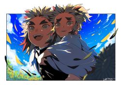 Rule 34 | 2boys, :d, black jacket, blonde hair, border, brothers, carrying, commentary, crying, crying with eyes open, dated, day, flower, forked eyebrows, happy tears, jacket, japanese clothes, kimetsu no yaiba, kimono, kinako (462), long sleeves, looking away, male focus, medium hair, multicolored hair, multiple boys, open mouth, outdoors, piggyback, red hair, rengoku kyoujurou, rengoku senjurou, siblings, sky, smile, spiked hair, sunflower, tears, teeth, two-tone hair, uniform, upper body, upper teeth only, white border, white kimono, wide sleeves, yellow eyes