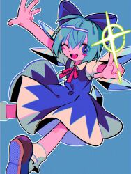 Rule 34 | 1girl, blue background, blue bow, blue dress, blue eyes, blue hair, blush stickers, bow, brown footwear, cirno, collared shirt, dress, fairy, fingernails, hair between eyes, hair bow, highres, ice, ice wings, menma (enaic31), one eye closed, open mouth, shirt, shoes, short hair, short sleeves, simple background, smile, socks, solo, touhou, twitter username, white shirt, white socks, wings