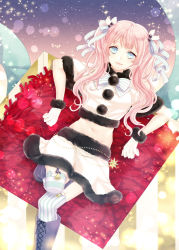 Rule 34 | 1girl, asaki benio, bell, blue eyes, boots, bow, christmas, crop top, fur trim, garter straps, gloves, hair bow, hair ornament, hair ribbon, holly, holly hair ornament, knee boots, lipstick, long hair, looking at viewer, makeup, navel, original, pink hair, pink lips, ribbon, santa costume, smile, solo, star (symbol), starry background, striped clothes, striped thighhighs, thighhighs, twintails, white santa costume