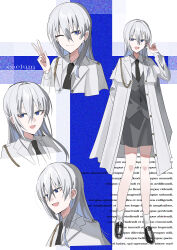 Rule 34 | 1girl, :d, ;), absurdres, black footwear, black necktie, blue eyes, chihuri, closed mouth, collared shirt, commentary request, earrings, ende (chihuri), grey hair, grey skirt, grey vest, hair between eyes, hand up, highres, jacket, jewelry, loafers, long hair, long sleeves, multiple views, necktie, one eye closed, open clothes, open jacket, open mouth, original, puffy long sleeves, puffy sleeves, shirt, shoes, skirt, smile, socks, stud earrings, v, vest, white jacket, white shirt, white socks
