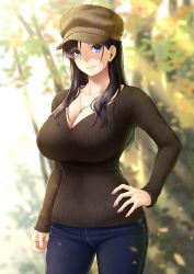 Rule 34 | 1girl, arm at side, black hair, blue eyes, blue pants, breasts, brown headwear, brown sweater, cleavage, closed mouth, commentary request, cowboy shot, day, denim, hand on own hip, huge breasts, jeans, jewelry, lioreo, long hair, long sleeves, looking at viewer, mizuhara yumeno (lioreo), nail polish, necklace, original, outdoors, pants, pink nails, ribbed sweater, smile, solo, standing, sweater, v-neck