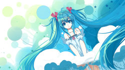 Rule 34 | 1girl, baisi shaonian, blue eyes, blue hair, dress, gradient background, hatsune miku, highres, long hair, looking at viewer, matching hair/eyes, open mouth, solo, twintails, very long hair, vocaloid, white dress