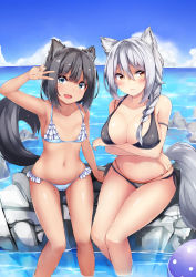 Rule 34 | 2girls, :d, animal ears, arm support, arm up, bare arms, bare shoulders, bikini, black bikini, black hair, blue bikini, blue sky, blush, braid, breasts, brown eyes, cleavage, closed mouth, cloud, collarbone, commentary, day, green eyes, hair between eyes, halterneck, head tilt, highres, horizon, irohara, large breasts, long hair, looking at viewer, multiple girls, navel, o-ring, o-ring bikini, o-ring bottom, ocean, open mouth, original, outdoors, revision, side braid, silver hair, single braid, sitting, sky, small breasts, smile, soaking feet, swimsuit, tail, v, water, wet