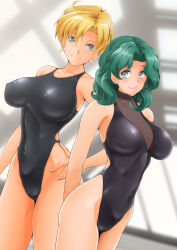 Rule 34 | 2girls, absurdres, aqua eyes, arms behind back, bishoujo senshi sailor moon, black one-piece swimsuit, blonde hair, blue eyes, breasts, casual one-piece swimsuit, commentary request, competition swimsuit, covered navel, green hair, hand on own hip, highleg, highleg swimsuit, highres, indoors, kaiou michiru, large breasts, looking at viewer, medium breasts, multiple girls, nanashi noiji, one-piece swimsuit, parted bangs, rei no pool, short hair, swimsuit, ten&#039;ou haruka, turtleneck, very short hair, wavy hair