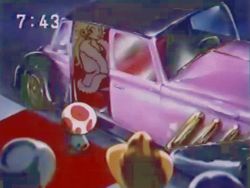 Rule 34 | 1girl, 4boys, animated, animated gif, bare legs, blonde hair, blowing kiss, car, crown, dress, evening gown, hat, high heels, legs, long hair, mario (series), mini crown, motor vehicle, multiple boys, nintendo, one eye closed, photographer, princess, princess peach, red dress, red footwear, sequins, shoes, side slit, super mario all stars, super mario bros. 1, toad (mario), vehicle, wink