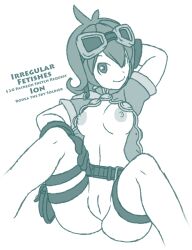 Rule 34 | 1girl, bottomless, breasts, cleft of venus, gloves, goggles, goggles on head, ion (rodea), irregular fetishes, looking at viewer, medium breasts, monochrome, nipples, pussy, rodea the sky soldier, short hair, smile, watermark