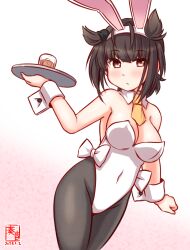 Rule 34 | 1girl, alcohol, alternate breast size, animal ears, black pantyhose, bow, bowtie, breasts, brown hair, detached collar, fake animal ears, fake tail, gradient background, hair flaps, hatsuzuki (kancolle), kanon (kurogane knights), kantai collection, leotard, medium breasts, necktie, one-hour drawing challenge, pantyhose, pink background, playboy bunny, rabbit ears, rabbit tail, short hair, side-tie leotard, solo, strapless, strapless leotard, tail, traditional bowtie, tray, whiskey, wrist cuffs, yellow eyes, yellow necktie
