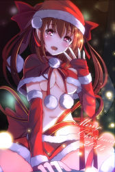 Rule 34 | 10s, 1girl, 2014, blush, breasts, brown hair, christmas, elbow gloves, fur trim, gloves, hat, heart, heart-shaped pupils, long hair, merry christmas, nakaichi (ridil), navel, no bra, original, pointy ears, red eyes, red gloves, santa costume, santa hat, sitting, solo, symbol-shaped pupils, twintails, underboob, zeb nakaichi