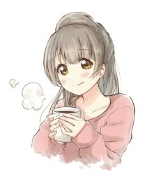 Rule 34 | 1girl, absurdres, blush, brown eyes, brown hair, closed mouth, collarbone, highres, long hair, long sleeves, looking at viewer, love live!, love live! school idol project, minami kotori, satisfaction-zero, simple background, smile, solo, sweater, white background