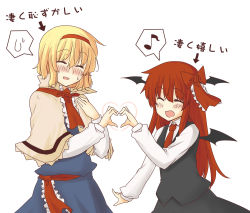 Rule 34 | 2girls, :d, ^ ^, alice margatroid, arrow (symbol), bat wings, blonde hair, blush, bow, capelet, closed eyes, dress, dress shirt, embarrassed, female focus, frills, hair bow, hairband, happy, head wings, heart, heart hands, heart hands duo, koakuma, long hair, long sleeves, lysander z, multiple girls, musical note, necktie, open mouth, quaver, red hair, red necktie, shirt, simple background, skirt, skirt set, smile, spoken musical note, spoken sweatdrop, sweat, sweatdrop, touhou, vest, white background, white shirt, wings