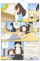 Rule 34 | 1boy, 1girl, aged down, black-framed eyewear, black hair, black jacket, black pants, black suit, blue headwear, blue necktie, blue shirt, blush, brown hair, chibi, child&#039;s drawing, closed mouth, comic, commentary request, day, dress shirt, formal, girls und panzer, glass door, glasses, hands on own knees, heart, highres, holding, holding paper, indian style, jacket, jinguu (4839ms), kindergarten uniform, leaning forward, long sleeves, looking at another, looking back, medium hair, mika (girls und panzer), necktie, notice lines, opaque glasses, open mouth, outdoors, outside border, pants, paper, patch, pleated skirt, semi-rimless eyewear, shirt, sitting, skirt, sliding doors, smile, standing, suit, sweatdrop, swept bangs, translation request, tsuji renta, tulip hat, under-rim eyewear, white shirt, wing collar, wooden floor, yellow skirt