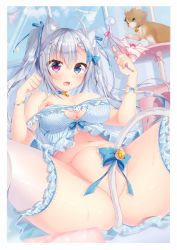 Rule 34 | 1girl, absurdres, animal ear fluff, animal ears, bare shoulders, bell, between legs, blue bow, blue choker, blue eyes, blue nails, blue ribbon, blue sky, blush, bottomless, bow, breasts, brown cat, cat, cat ears, cat girl, cat tail, choker, cloud, cloudy sky, convenient censoring, day, fang, fingernails, frilled thighhighs, frills, hair between eyes, hair bow, hair ribbon, heterochromia, highres, holding, holding clothes, holding panties, holding underwear, indoors, jingle bell, komiya hitoma, large breasts, long hair, looking at viewer, lying, nail polish, navel, neck bell, nipples, non-web source, on back, on bed, original, panties, partially visible vulva, paw pose, purple eyes, pussy, pussy peek, ribbon, scan, sidelocks, silver hair, skin fang, sky, solo, stomach, striped clothes, striped panties, tail, tail between legs, tail bow, tail censor, tail ornament, tail raised, thighhighs, underwear, very long hair, white thighhighs, window