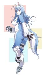 Rule 34 | 1girl, :&lt;, ahoge, animal ears, ass, blue eyes, blue hair, breasts, claws, closed mouth, crescent, crescent hair ornament, expressionless, fox ears, fox girl, fox tail, from behind, full body, furry, furry female, hair ornament, heterochromia, highres, large breasts, long hair, looking at viewer, looking back, original, red eyes, short eyebrows, solo, tail, thigh strap, tight (ohmygod), wavy hair, white background
