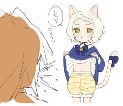 Rule 34 | 1boy, 1girl, animal ears, animal print, bell, black choker, blonde hair, blue bow, blush, bow, braid, choker, frills, lifted by self, long hair, looking at another, moyori, navel, open mouth, original, short hair, simple background, sketch, solo focus, speech bubble, tail, tail bow, tail ornament, tiger print, white background, yellow eyes