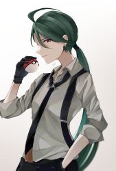 Rule 34 | 1girl, ahoge, black gloves, black necktie, black pants, bright pupils, closed mouth, collared shirt, commentary request, creatures (company), earrings, game freak, gloves, green hair, hand up, highres, holding, holding poke ball, jewelry, long hair, looking at viewer, necktie, nintendo, pants, pigro (vrer8543), poke ball, poke ball (basic), pokemon, pokemon sv, ponytail, red eyes, rika (pokemon), shirt, smile, solo, suspenders, white pupils