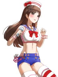 Rule 34 | 10s, 1girl, breasts, brown eyes, brown hair, dixie cup hat, dress, hat, idolmaster, idolmaster cinderella girls, kfr, long hair, medium breasts, microphone, midriff, military hat, navel, nitta minami, sailor dress, solo, striped clothes, striped thighhighs, thighhighs