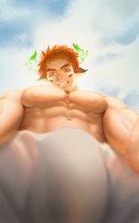 Rule 34 | 1boy, abs, absurdres, animal ears, bara, brown eyes, brown hair, bulge, cow boy, cow ears, cow horns, facial hair, fiery horns, forked eyebrows, from below, glowing horns, goatee, highres, horns, large pectorals, looking at viewer, male focus, muscular, muscular male, navel, nipples, pectorals, selfie, shirotsubaki 97, topless male, short hair, shorts, sky, smile, solo, spiked hair, stomach, thick eyebrows, thick thighs, thighs, tokyo houkago summoners, veins, wakan tanka, white shorts