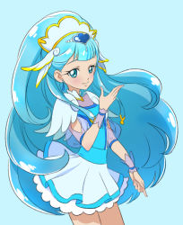 Rule 34 | 10s, 1girl, blue background, blue eyes, blue hair, blue theme, closed mouth, cowboy shot, cure ange, earrings, head wings, hugtto! precure, jewelry, long hair, looking at viewer, magical girl, precure, simple background, skirt, smile, solo, venuscho, white skirt, wings, wrist cuffs, yakushiji saaya