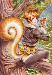 Rule 34 | 1girl, acorn, animal, animal ears, animification, ass, belt, belt pouch, boots, branch, brown eyes, brown leotard, commentary, cropped jacket, fake animal ears, from behind, fur trim, hair ornament, highres, jacket, leotard, lips, looking at viewer, looking back, marvel, pantyhose, parted lips, pouch, rodrigo yoshimiya, short hair, simple background, sitting, smile, solo, squirrel, squirrel ears, squirrel girl (marvel), squirrel tail, superhero costume, tail, tree
