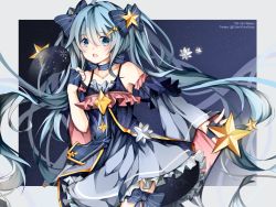 Rule 34 | 1girl, blue dress, cancer (constellation), detached sleeves, dress, fingerless gloves, gloves, hatsune miku, long hair, open mouth, sky, snowflakes, solo, star (sky), star (symbol), starry sky, twintails, twitter username, very long hair, vocaloid, yuki miku, yumi (qianching-lee)