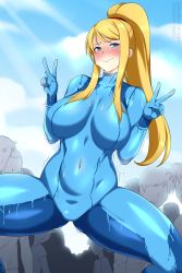 Rule 34 | 1girl, blonde hair, blue eyes, blue sky, blush, bodypaint, breasts, commission, double v, exhibitionism, large breasts, lindaroze, long hair, melting, metroid, navel, nintendo, nose blush, nude, outdoors, painted clothes, ponytail, public indecency, samus aran, sidelocks, sky, solo focus, sweat, trembling, v