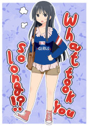Rule 34 | 1girl, :o, akiyama mio, angry, black eyes, black hair, blush, breath, english text, hand on own hip, highres, hime cut, k-on!, long hair, open mouth, shoes, sneakers, tyranu