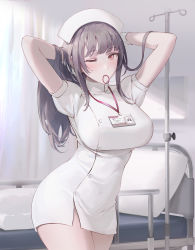 Rule 34 | 1girl, absurdres, arms up, bed, black hair, blush, breasts, chowbie, commentary, cowboy shot, english commentary, gloves, hands in hair, hat, highres, indoors, large breasts, long hair, looking at viewer, mouth hold, name tag, nurse, nurse cap, one eye closed, original, pink eyes, short sleeves, solo, thighs, white gloves, white hat