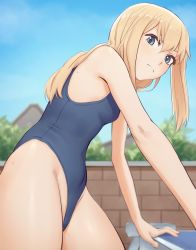 Rule 34 | 1girl, annoyed, black one-piece swimsuit, blonde hair, blue eyes, blue one-piece swimsuit, breasts, day, from side, hair between eyes, highleg, highleg swimsuit, leaning forward, long hair, looking at viewer, one-piece swimsuit, original, outdoors, sidelocks, sky, small breasts, solo, sweat, swimsuit, thighs, zoryc