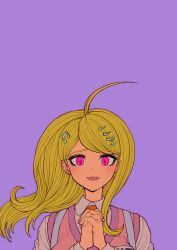 Rule 34 | 1girl, :d, absurdres, ahoge, akamatsu kaede, backpack, bag, blonde hair, breasts, collared shirt, danganronpa (series), danganronpa v3: killing harmony, fortissimo, grey shirt, hair ornament, highres, large breasts, long hair, musical note, musical note hair ornament, open mouth, own hands together, pink background, pink eyes, pink vest, portrait, shirt, simple background, smile, solo, vest, youko-shima