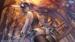 Rule 34 | 1girl, ass, azur lane, bare shoulders, blue eyes, bodysuit, bodysuit under clothes, breasts, closed mouth, commentary request, copyright name, dress, elbow gloves, gloves, hanusu, headgear, highres, large breasts, logo, long hair, looking at viewer, looking back, new jersey (azur lane), official art, short dress, simple background, skin tight, sleeveless, sleeveless dress, smile