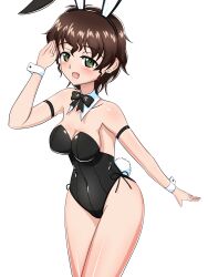 Rule 34 | 1girl, absurdres, akiyama yoshiko, animal ears, arm strap, bare legs, black bow, black bowtie, black leotard, bow, bowtie, breasts, cleavage, collar, commentary request, covered navel, detached collar, earlobe1514366, earrings, fake animal ears, fake tail, girls und panzer, green eyes, highres, jewelry, leotard, looking at viewer, mature female, medium breasts, open mouth, partial commentary, playboy bunny, rabbit ears, rabbit tail, salute, short hair, simple background, smile, solo, standing, strapless, strapless leotard, stud earrings, tail, wavy hair, white background, white collar, wing collar