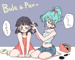 Rule 34 | 2girls, arms between legs, bare arms, bare shoulders, barefoot, black eyes, black hair, blue eyes, blue hair, blush, bra (dragon ball), braiding hair, character name, choker, dragon ball, dress, hairdressing, heart, lipstick, looking at another, looking at viewer, makeup, multiple girls, musical note, nervous, one eye closed, pan (dragon ball), playing with another&#039;s hair, ponytail, purple background, quaver, seiza, short hair, shorts, simple background, sitting, smile, speech bubble, strapless, tank top, text focus, thought bubble, tkgsize, tube top, white background