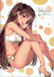 Rule 34 | 1girl, absurdres, bare shoulders, bikini, black ribbon, breasts, brown hair, choker, cross-laced sandals, earrings, fate/grand order, fate (series), feet, grey background, hair ribbon, halterneck, hand on own cheek, hand on own face, head tilt, high heels, highres, hugging own legs, ishtar (fate), jewelry, knees up, legs, long hair, long legs, medium breasts, navel, parted bangs, parted lips, pink eyes, ribbon, sandals, scan, shoes, simple background, sitting, solo, swimsuit, tankini, thighs, toeless footwear, toes, two side up, very long hair, white bikini, yuran